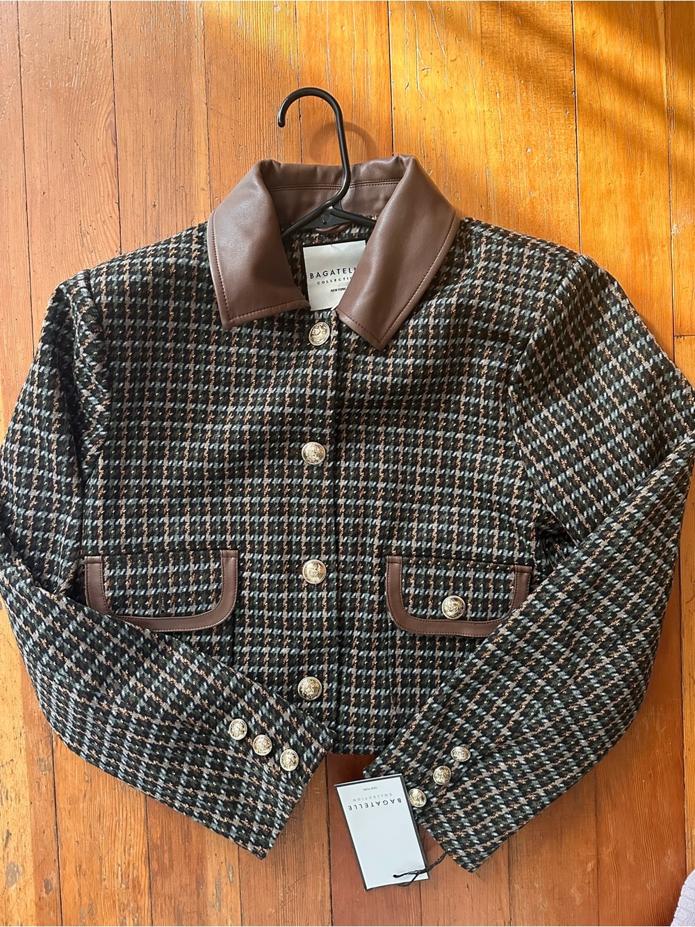 NWT BAGATELLE COLLECTION Houndstooth Jacquard Jacket With Faux Leather Colla